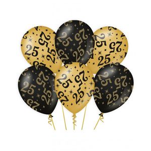 6x stuks leeftijd verjaardag feest ballonnen 25 jaar geworden zwart/goud 30 cm   -