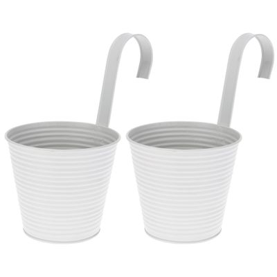 Set van 4x stuks bloempotten/plantenbakken zink met ophanghaak wit gestreept 14 x 12 x 24 cm