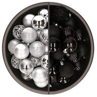 74x stuks kunststof kerstballen mix zilver en zwart 6 cm - thumbnail