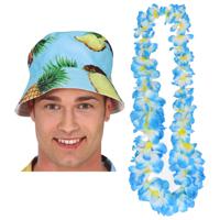 Tropische Hawaii party verkleedset - bucket hoedje - met bloemenslinger lichtblauw - volwassenen - thumbnail