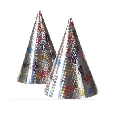 Feesthoedjes punthoedjes - van karton - set 2x stuks - met elastiekje - holografisch Feesthoedjes punthoedjes - van karton - set 2x stuks - met elastiekje - holografisch