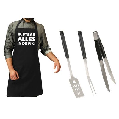 BBQ/barbecue gereedschap set 3-delig RVS met zwart schort Ik steak alles in de fik!