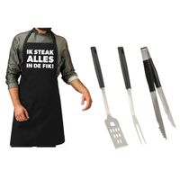 BBQ/barbecue gereedschap set 3-delig RVS met zwart schort Ik steak alles in de fik!