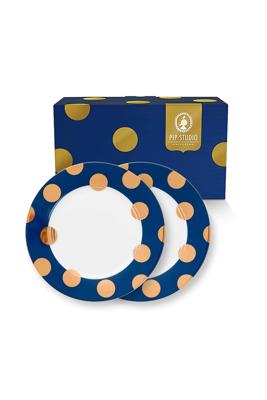Pip Studio Set/2 Ontbijtborden Dot Delight Navy/Goud 21cm