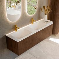 Badmeubel Mondiaz Kurve | 155 cm | Meubelkleur Walnut | Wastafelkleur Talc | Dubbele spoelbak | 2 kraangaten
