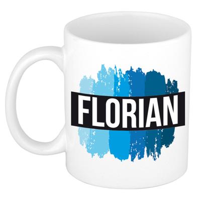Florian naam cadeau koffie mok - beker - met blauw verfstrepen - Cadeau collega - vaderdag