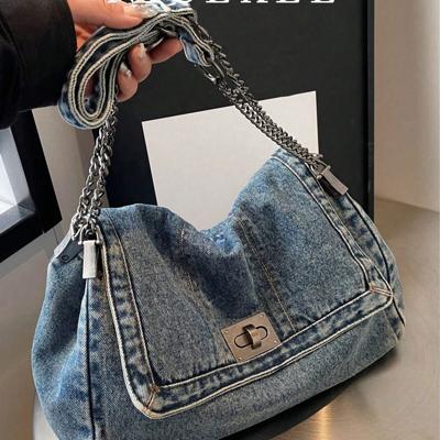 Blue Denim Slouchy Shoulder Bag - Large Capacity Casual Tote Blue