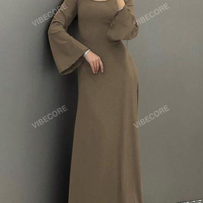 Bon & Bon Brown Square Neck Bodycon Long Dress - Flare Sleeve Mermaid Hem Khaki / M
