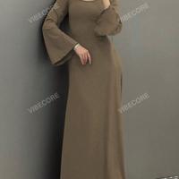 Bon & Bon Brown Square Neck Bodycon Long Dress - Flare Sleeve Mermaid Hem Khaki / M
