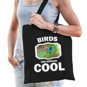 Katoenen tasje birds are serious cool zwart - vogels/ kolibrie vogel vliegend cadeau tas