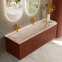 Badmeubel Mondiaz Kurve-Dlux | 145 cm | Meubelkleur Ruby | Wastafelkleur Nata | Solid surface | Wasbak linker zijde spoelbak | 2 kraangaten