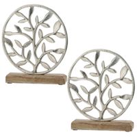 2x Stuks decoratie levensboom rond van aluminium op houten voet 25 cm zilver - Beeldjes - thumbnail