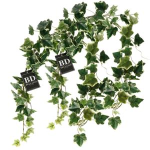 Bellatio Design kunstplant/hangplant slinger - 2x - Klimop/hedera - groen/wit - 180 cm