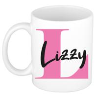 Naam mok Lizzy - roze - wit - keramiek - 300 ml - verjaardag/cadeau beker - thumbnail