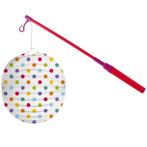 Bol lampion stippen - wit/regenboog - H22 cm - papier - met lampionstokje - 40 cm