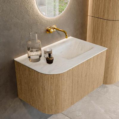 Mondiaz KURVE-DLUX 75 cm Onderkast Greeploos 1 Lade Met Deuren Oak, Wastafel Solid Surface Rechts Opalo 0 Kraangaten Zonder Spiegel (KRVGRU75L1L1D0KR-Oak/Opa)