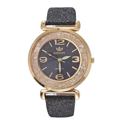 FULAIDA vrouwen Strass goudpoeder PU lederen band quartz horloge (zwart)