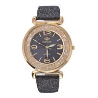 FULAIDA vrouwen Strass goudpoeder PU lederen band quartz horloge (zwart)