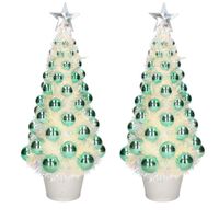 2x stuks complete mini kunst kerstbomen / kunstbomen groen met lichtjes 40 cm
