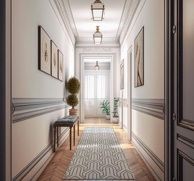 Wit vinyl tapijt met zwart geometrisch patroon