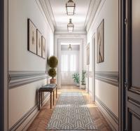 Wit vinyl tapijt met zwart geometrisch patroon