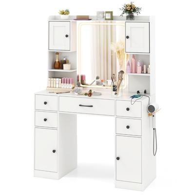 Kaptafel met Verlichte Spiegel met 3-Kleurige Dimbare LED-Verlichting Kaptafel met Oplaadstation en Kasten met Verstelbare Planken Wit