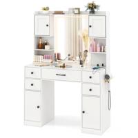 Kaptafel met Verlichte Spiegel met 3-Kleurige Dimbare LED-Verlichting Kaptafel met Oplaadstation en Kasten met Verstelbare Planken Wit