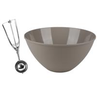 Oliebollen bakken set - Beslagkom beige - kunststof - met ijsbollen lepel 23 cm