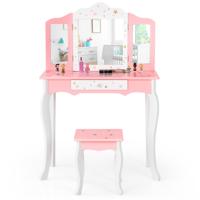 Kinderen Kaptafel & Kruk Set Drievoudige Spiegel Make-Up Tafel Schitteren Ster Afdrukken Kinder Kaptafel Schrijftafel