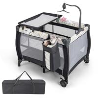3-In-1 Bijzetbed Reisbed met Matras Hangspeelgoed Speeldoos Commode en Draagtas 2 Niveaus Babybed met Wieltjes voor Baby's Grijs