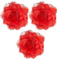 Rode roos haarbloem met glitters - 3x - Hawaii thema haarbloemen - Carnaval/verkleed artikelen