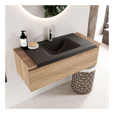 Mondiaz Bukla 100cm badmeubel onderkast kleur washed oak 1 lade met wastafel midden 1 kraangat kleur urban