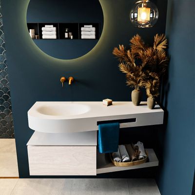 MONDIAZ RIVA 120cm badmeubel onderkast / planchet kleur Underlayment met 1 lade. Wastafel DULCET links 0 kraangaten kleur Talc. MONDIAZ RIVA 120cm badmeubel onderkast / planchet kleur Underlayment met 1 lade. Wastafel DULCET links 0 kraangaten kleur Talc.