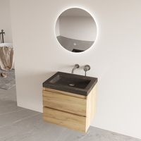 Fontana Freestone badkamermeubel warm eiken 60cm met natuurstenen wastafel zonder kraangat en ronde spiegel