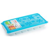 Tray met ijsblokjes/ijsklontjes vormpjes 12 vakjes kunststof wit met blauwe deksel - thumbnail