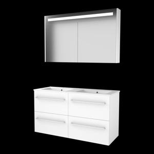 Basic-Line Premium 46 badkamermeubelset - 120x46cm - met grepen - 4 lades - porseleinen wastafel - 2 kraangaten - Spiegelkast - geintegreerde LED verlichting - MDF lak Ice White 1810237