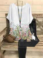 Gray Crew Neck Casual Floral T-shirt - thumbnail