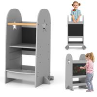 Montessori 3-In-1 Leertoren voor Kinderen Opstapkruk met 3 Verstelbare Hoogtes en Dubbelzijdig Bord Trapkruk Keukenhulp Grijs