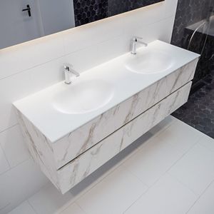 Mondiaz Vica Moon badmeubel wit carrara mat 150 cm 2 lades solid surface dubbele spoelbak 2 kraangaten