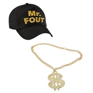 Foute party verkleed accessoires voor heren - MR FOUT baseballcap - Ketting met dollar teken