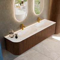 Badmeubel Mondiaz Kurve-Dlux | 175 cm | Meubelkleur Walnut | Wastafelkleur Ostra | Solid surface | Dubbele spoelbak | 2 kraangaten