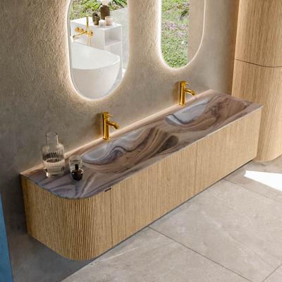 Badmeubel Mondiaz Kurve-Dlux | 175 cm | Meubelkleur Oak | Wastafelkleur Sombra | Solid surface | Dubbel / Rechts spoelbak | 2 kraangaten