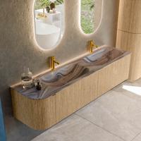 Badmeubel Mondiaz Kurve-Dlux | 175 cm | Meubelkleur Oak | Wastafelkleur Sombra | Solid surface | Dubbel / Rechts spoelbak | 2 kraangaten