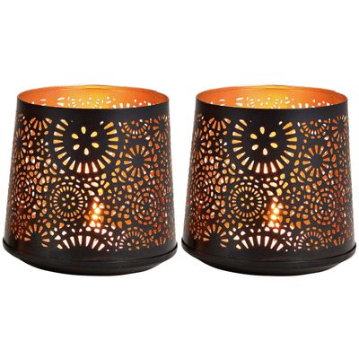 2x Theelichthouders/waxinelichthouders windlichten zwart/goud rondjes/cirkels patroon 13 cm