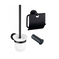 Fortifura Calvi Toiletset 3-delig - toiletrolhouder met klep - toiletborstel - handdoekhaak enkel rond - Mat Zwart SW1183143 SW1211586 SW639936