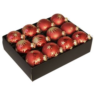 12x Luxe glazen rode kerstballen met gouden decoratie 7,5 cm