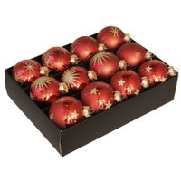 12x Luxe glazen rode kerstballen met gouden decoratie 7,5 cm - thumbnail