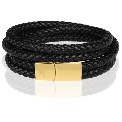 Memphis dubbele wrap armband Leer Zwart Goud-22cm