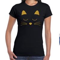 Cadeau T-shirt dames - zwart - glitter goud - kat / poes liefhebber - themafeest