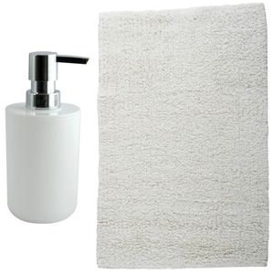 MSV badkamer droogloop mat - Napoli - 45 x 70 cm - met bijpassend zeeppompje - wit - Badmatjes